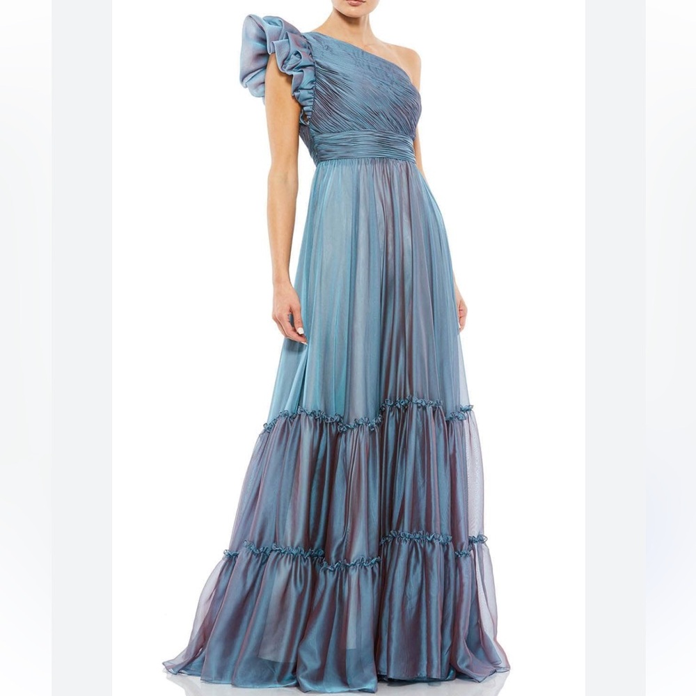 Mac Duggal Organza One-Shoulder Pleated Tiered Gown Iridescent Blue, Sz 8 NWT